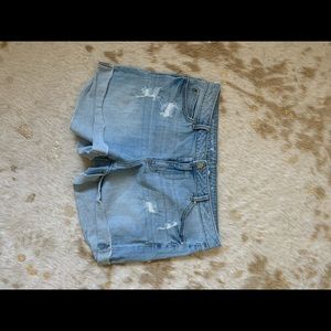 Light wash distressed denim shorts